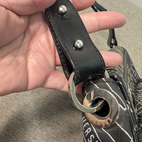 VTG Versace Versus Purse Black Monogram Canvas Patent Leather Accents 11x9 Y2K - Picture 8 of 12